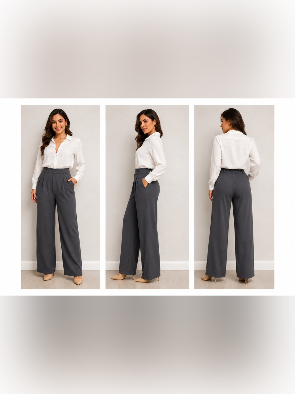 High-Rise Wide Leg Dress Pants in Charcoal Gray